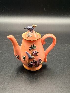 Vintage Miniature Ceramic Teapot Peach Salmon Pink Swirl Handle Leaf Decorative